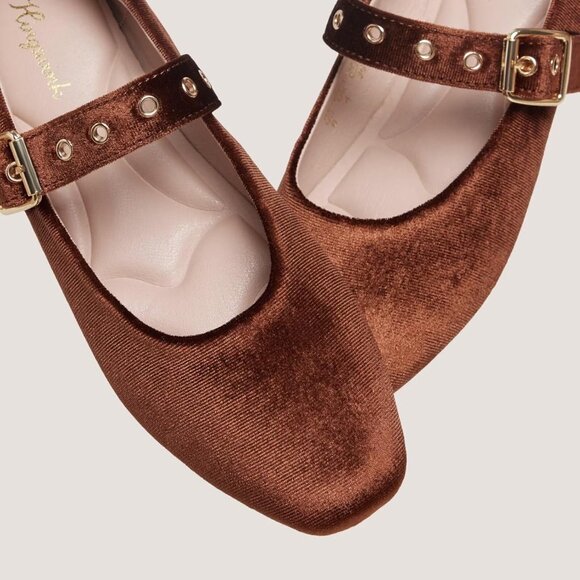 Women Velvet Coffee Polyurethane (PU) Closed Toe Strap Buckle Ballerina Flats - Picture 2 of 8